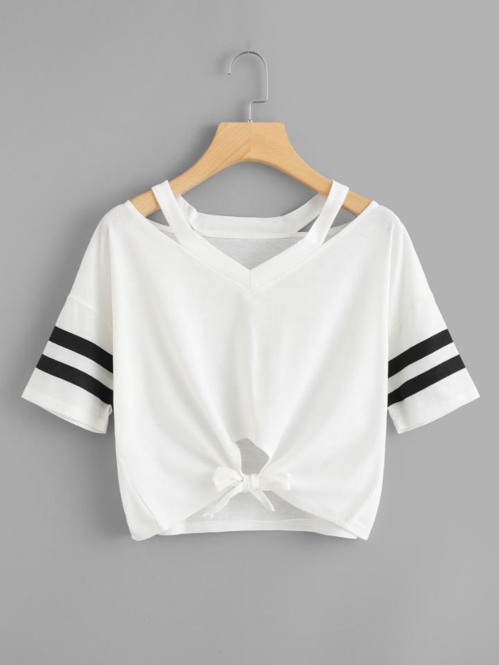 Shein Cut Out Neck Varsity Striped Knot Front Tee