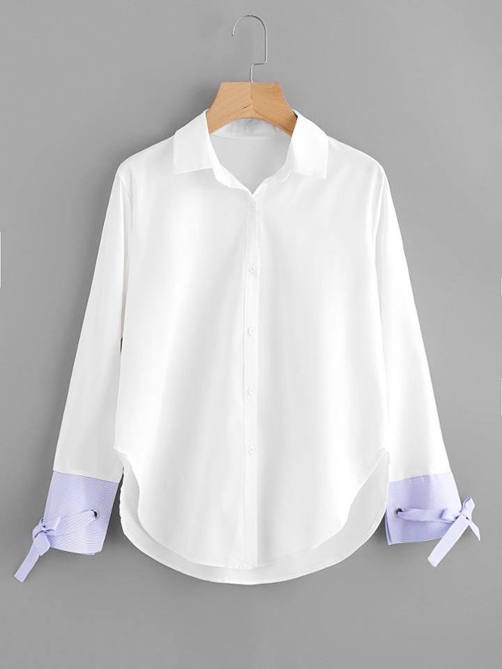 Shein Contrast Striped Cuff Tie Detail Curved Hem Shirt