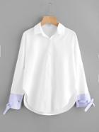 Shein Contrast Striped Cuff Tie Detail Curved Hem Shirt