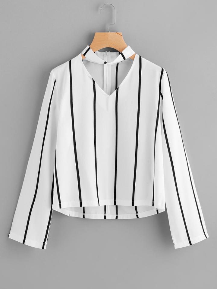 Shein V Cut Striped Zip Back Blouse