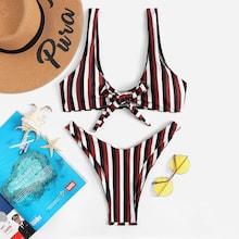 Shein High Leg Knot Front Random Striped Bikini Set