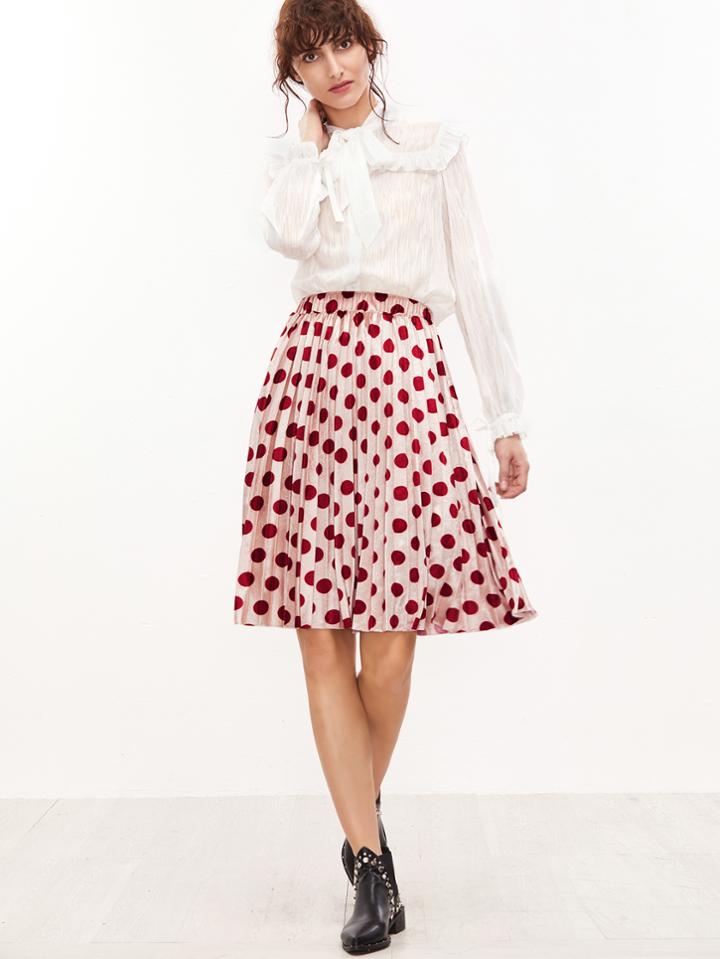 Shein Burgundy Polka Dot Print Pleated Skirt