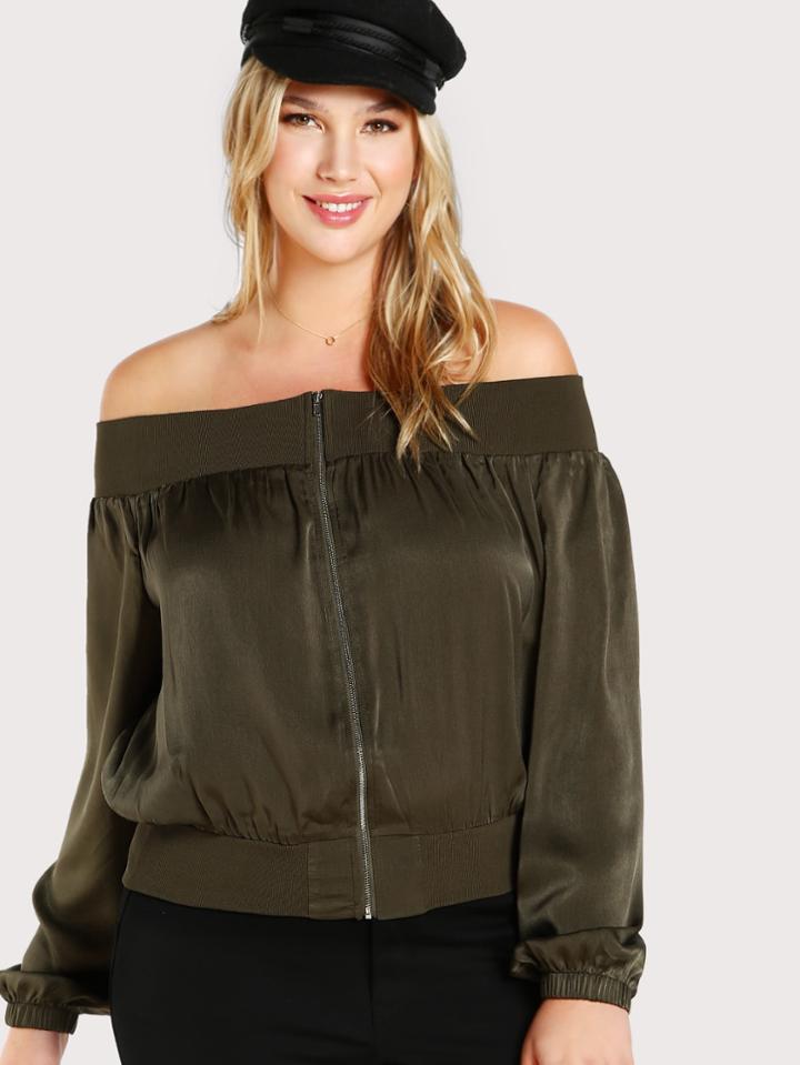 Shein Off Shoulder Satin Zip Up Jacket