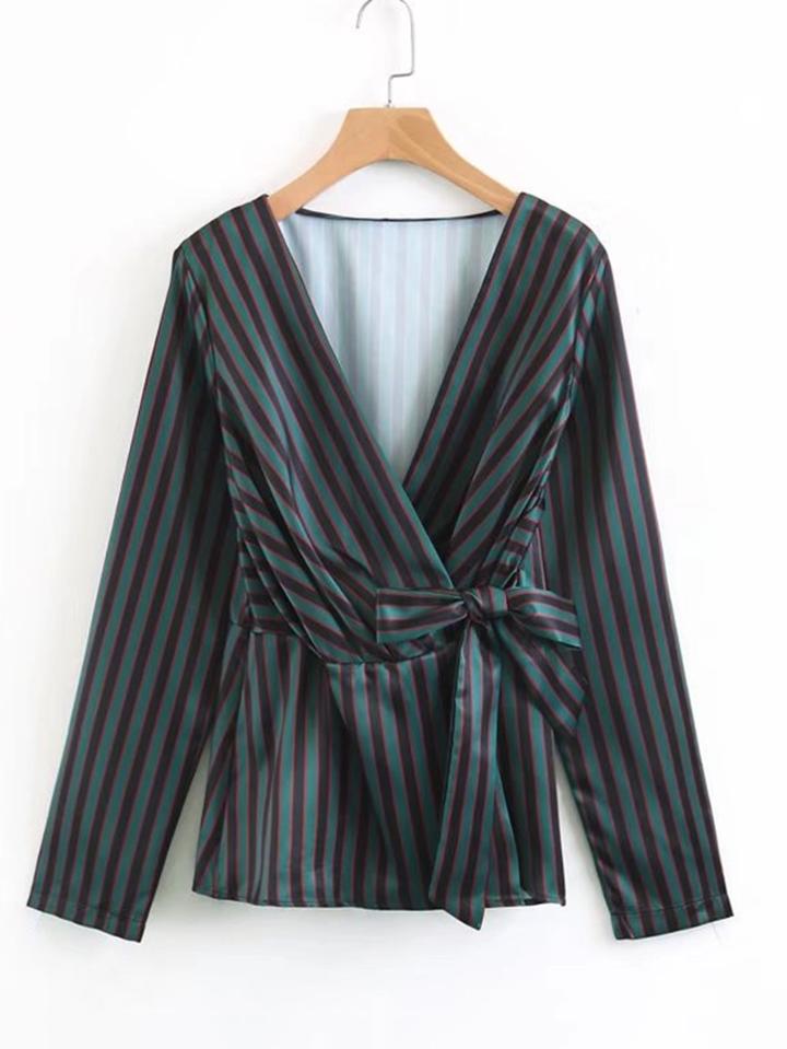 Shein Surplice Neckline Self Tie Satin Striped Blouse