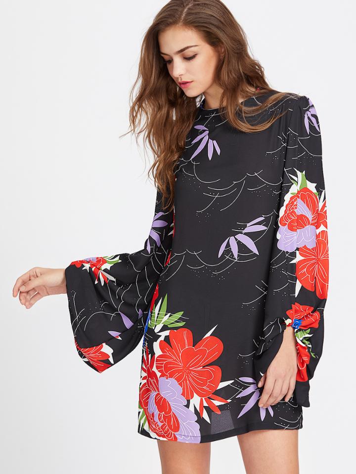 Shein Lantern Sleeve V Cut Back Chiffon Dress