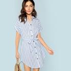 Shein Rolled Up Sleeve Self Belted Shirt Dress