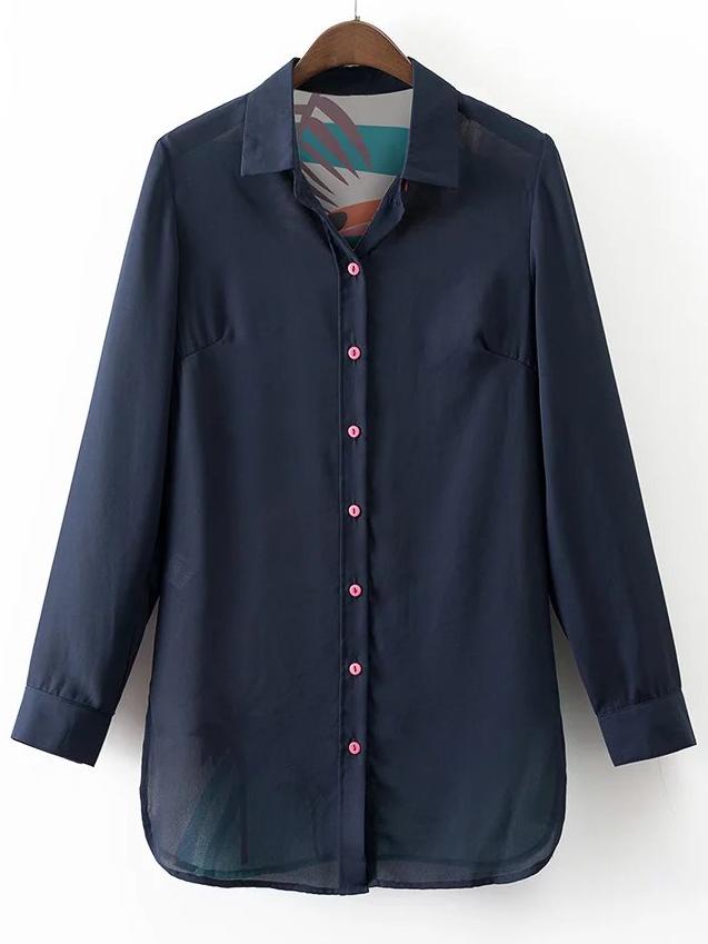 Shein Navy Lapel Printed Button Chiffon Blouse
