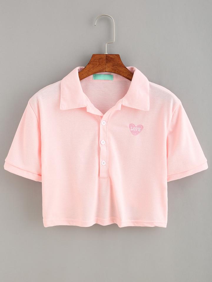 Shein Heart Embroidered Crop Polo Shirt