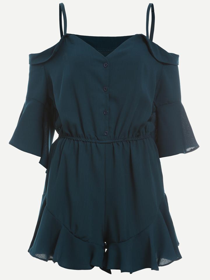 Shein Green Fold Over Cold Shoulder Button Front Ruffle Romper