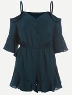 Shein Green Fold Over Cold Shoulder Button Front Ruffle Romper