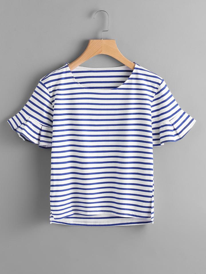 Shein Slit Side High Low Frill Cuff Striped Tee