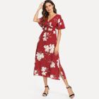 Shein Floral Print Tie Front Ruffle Dress