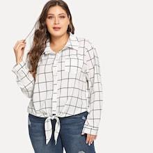 Shein Plus Grid Print Knot Hem Shirt