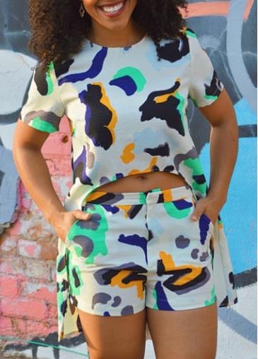 Rosewe Round Neck Asymmetric Top And Printed Shorts