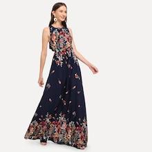 Shein Knot Back Ruffle Trim Botanical Maxi Dress