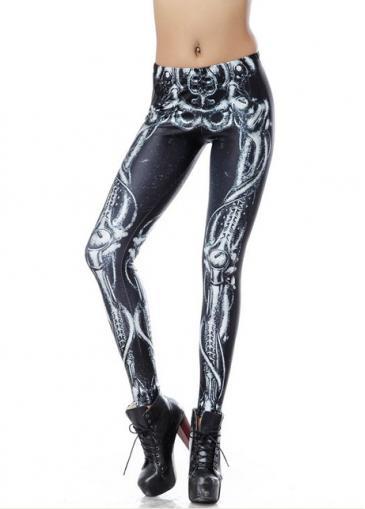 Rosewe Handsome Elastic Waist Skeleton Print Black Leggings For Lady