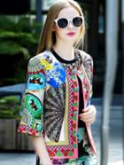 Shein Multicolor Round Neck Half Sleeve Jacquard Coat