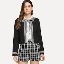 Shein Tie Neck Lettering Tape Detail Tweed Coat