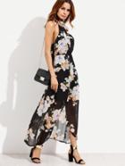 Shein Black Flower Print Halter Neck Slit Chiffon Dress