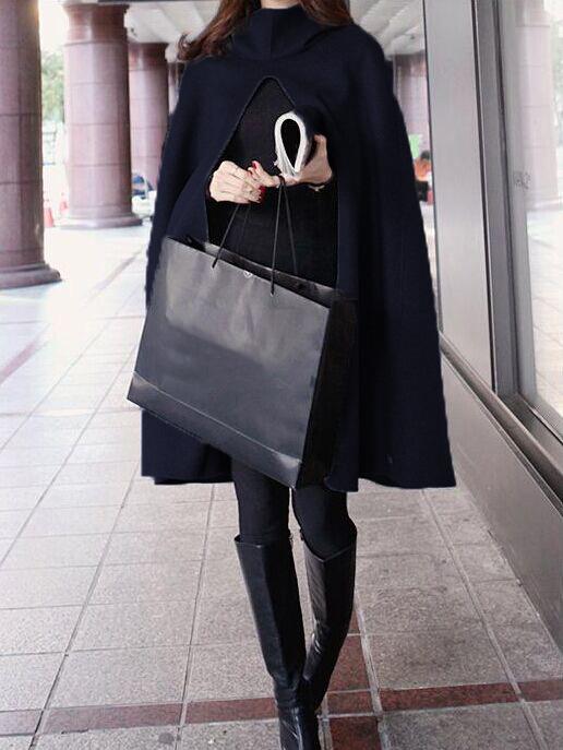 Shein Black Hooded Loose Woolen Cape