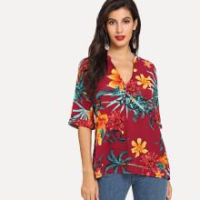 Shein V Neckline Floral Print Cuffed Blouse