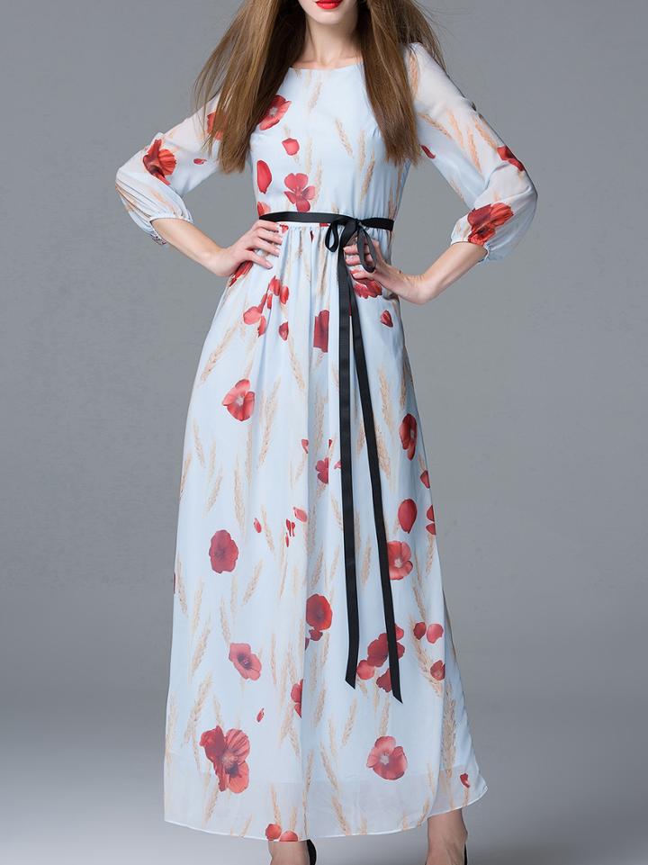 Shein Blue Tie-waist Print Maxi Dress
