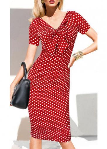 Rosewe Polka Dot Print Bowtie Embellished Red Sheath Dress