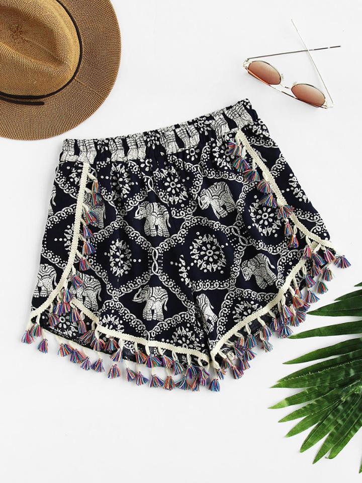 Shein Elephant Print Fringe Trim Shorts