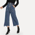 Shein Button Front Frayed Hem Wide Leg Jeans