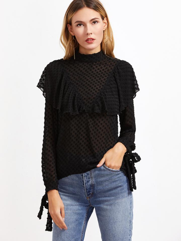 Shein Black Ruffle Trim Tie Sleeve Dotted Sheer Top