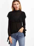 Shein Black Ruffle Trim Tie Sleeve Dotted Sheer Top