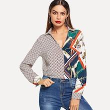 Shein Color Block Mixed Print V-neck Shirt