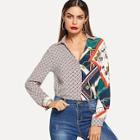 Shein Color Block Mixed Print V-neck Shirt