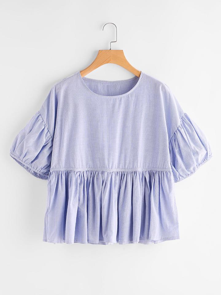 Shein Pinstriped Lantern Sleeve Smock Blouse