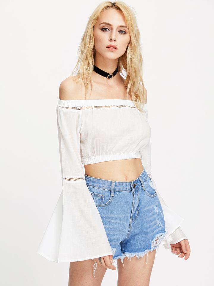 Shein Bardot Hollow Out Bell Sleeve Crop Top