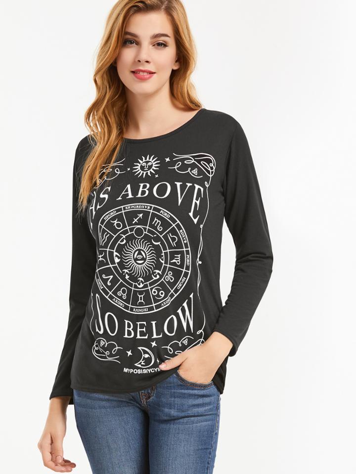 Shein Black Long Sleeve Printed T-shirt