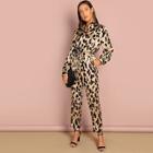 Shein Self Belted Leopard Shirt Jumpsuit