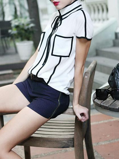 Shein White Short Sleeve Contrast Trims Chiffon Blouse