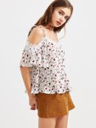 Shein White Floral Print  Lace Trim Pleated Cold Shoulder Top