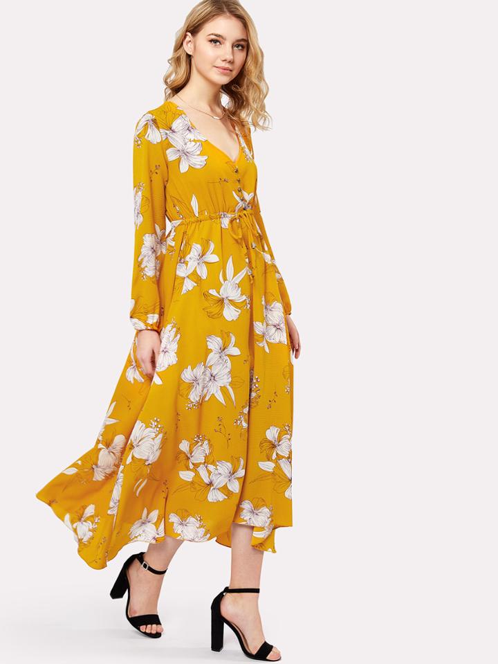 Shein Flower Print Drawstring Waist Button Front Dress