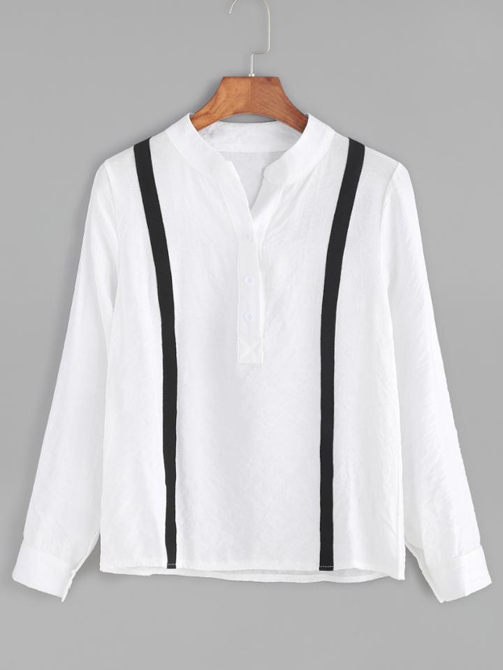 Shein White Contrast Striped Trim Blouse