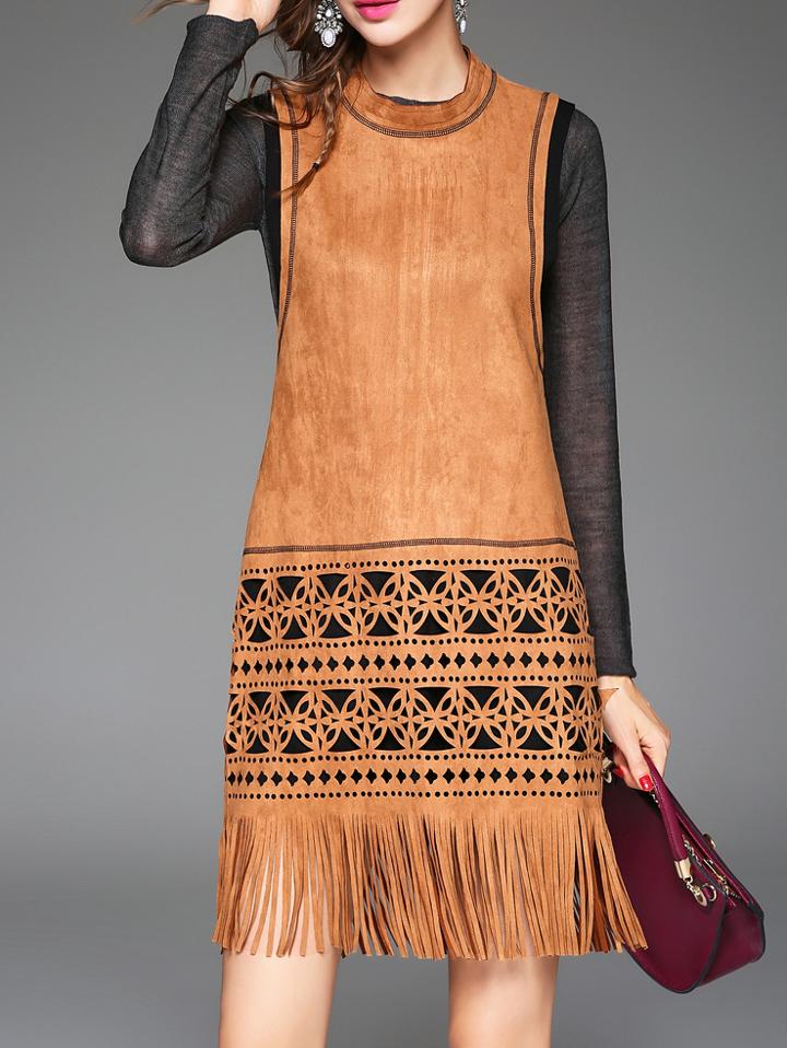 Shein Brown Sleeveless Hollow Pockets Tassel Dress
