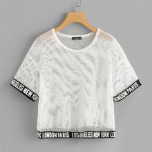 Shein Printed Tape Trim Mesh Top