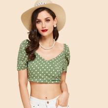 Shein Puff Sleeve Wrap Front Polka Dot Top