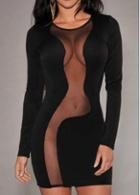 Rosewe Long Sleeve Round Neck Dress With Mesh Black