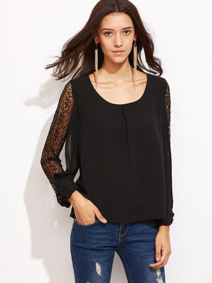 Shein Black Crochet Sleeve Keyhole Chiffon Blouse