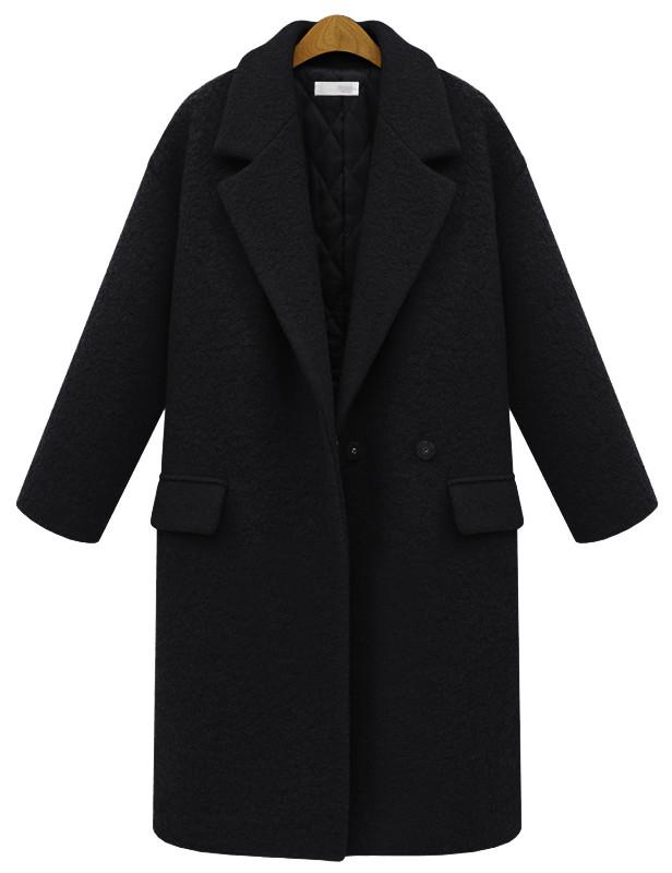 Shein Black Lapel Single Button Pockets Long Coat