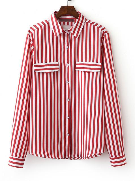 Shein Red Long Sleeve Stripe Lapel Buttons Front Blouse