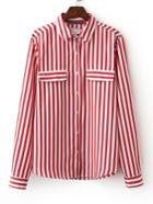 Shein Red Long Sleeve Stripe Lapel Buttons Front Blouse