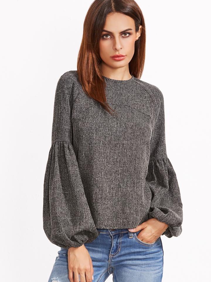 Shein Grey Keyhole Back Lantern Sleeve Top